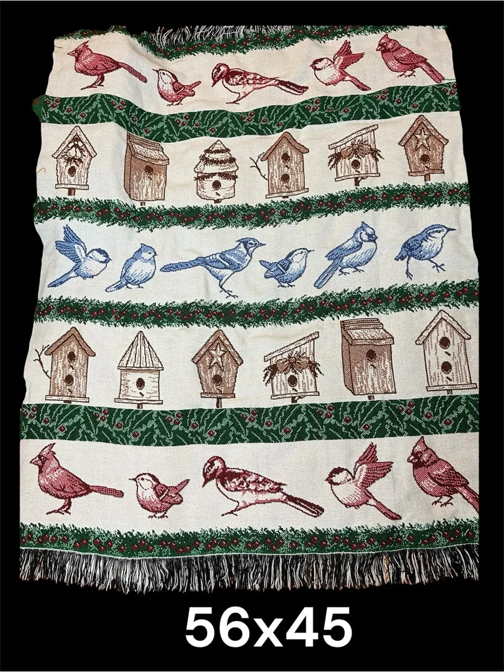 Vintage Bird & Birdhouse Holiday Throw Blanket - Red, Blue, Green